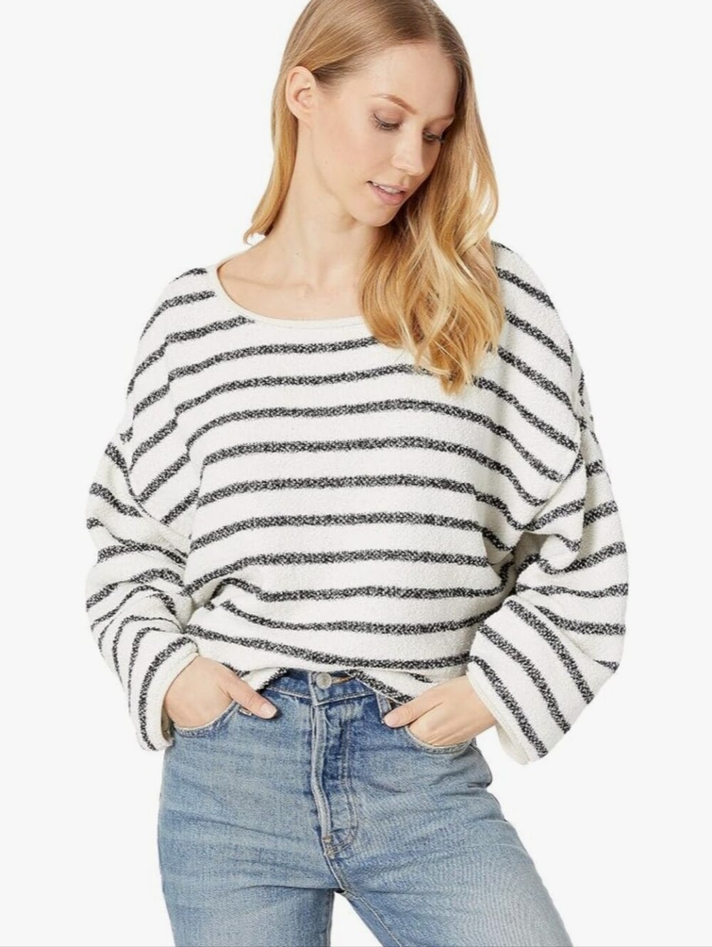 Free People Bardot Oversized Yvory and Black Striped Scoop Neck Sweater Medium